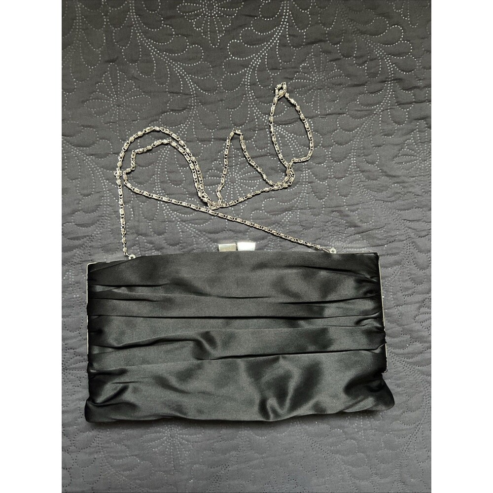 Lulu Townsend Black Satin Evening Clutch Silver Chain Strap Formal Cocktail Bag